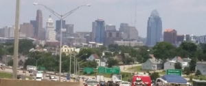 This Cincinnati, Ohio skyline is supposed to be famous.  Look at all the traffic.